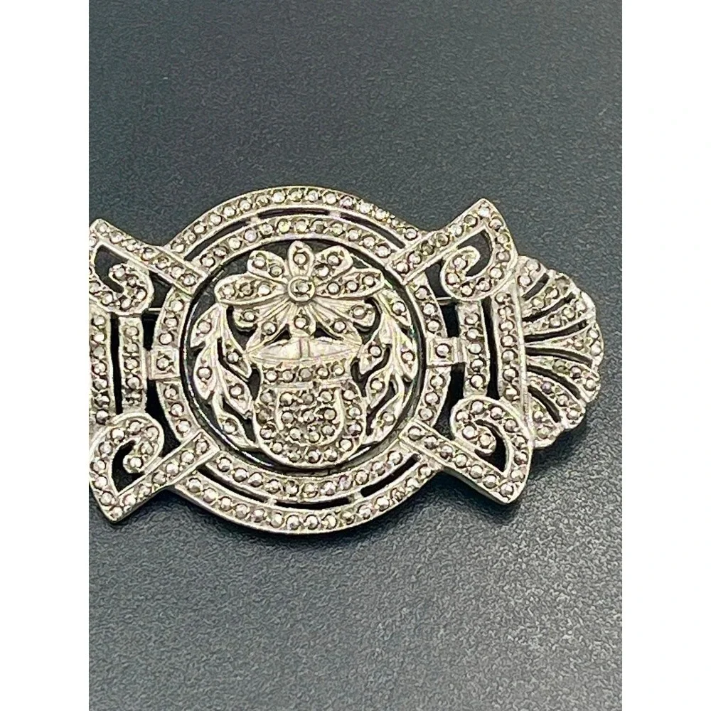 Vintage Antique Art Deco Sterling Silver Marcasite Floral Framed Brooch Unsigned
